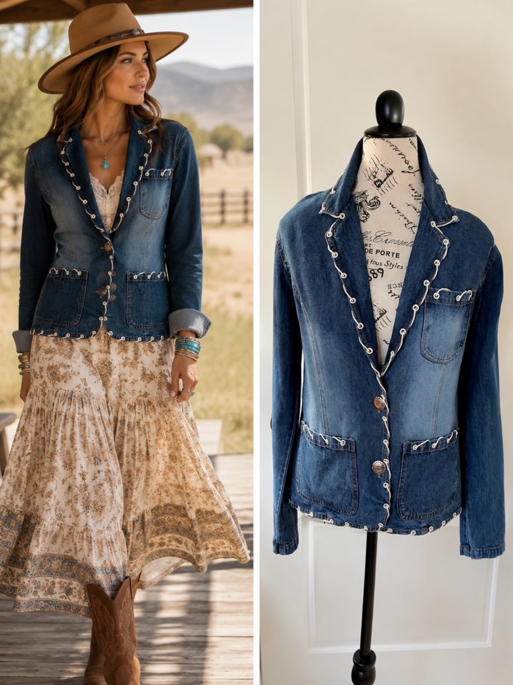 Vintage New Identity Denim Jacket Boho Lace Trim Button Front Cotton India~ M💛